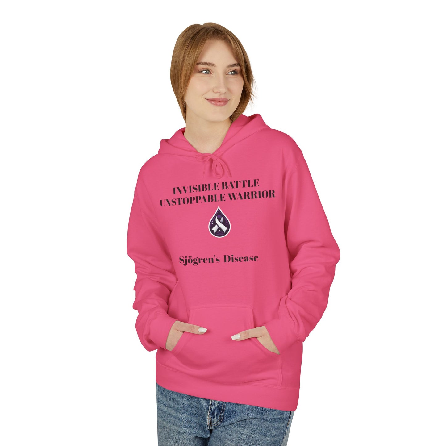 Unisex Fleece Hoodie, Sjögren's Disease - Invisible Battle Unstoppable Warrior (Black Font)