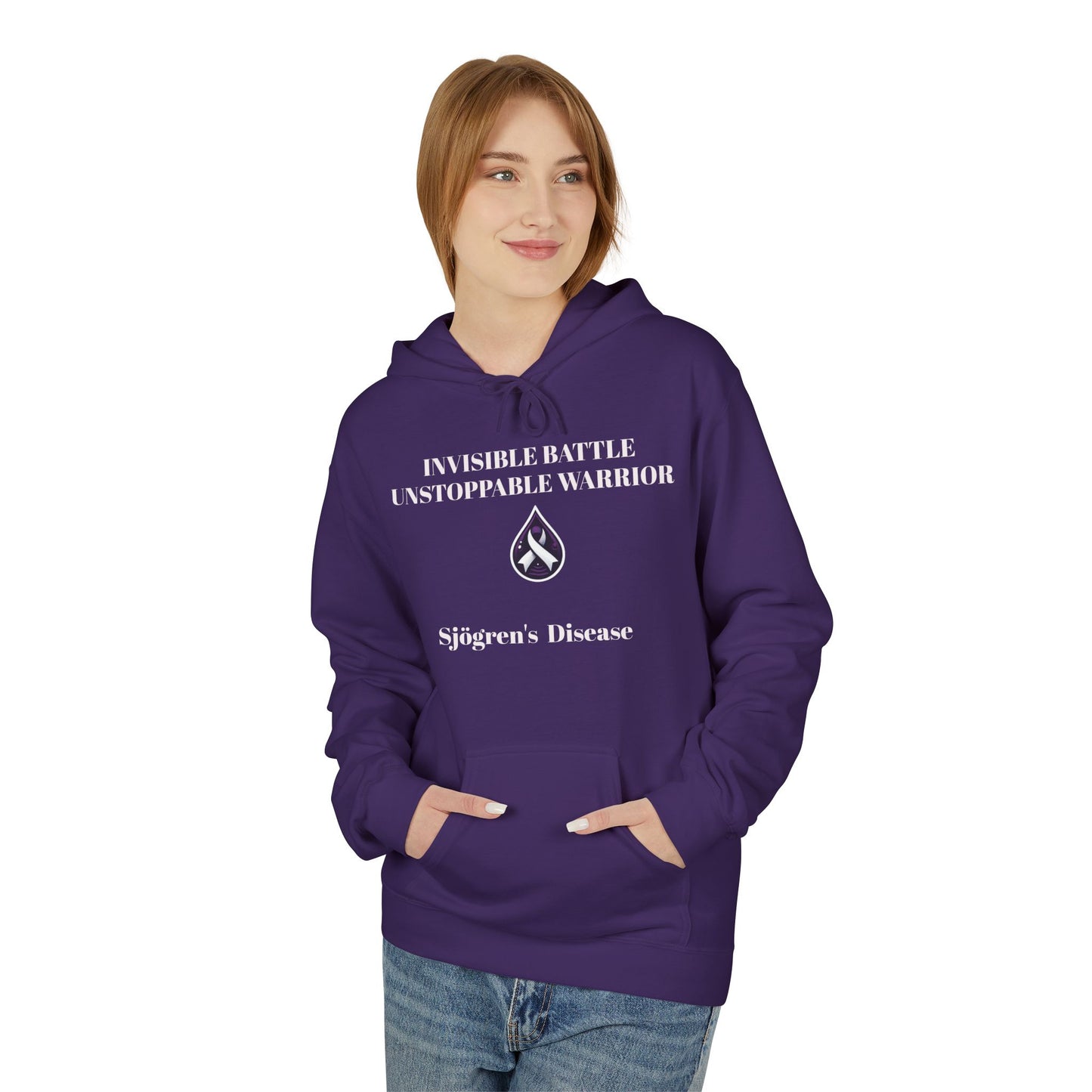 Unisex Fleece Hoodie, Sjögren's Disease - Invisible Battle Unstoppable Warrior (White Font)
