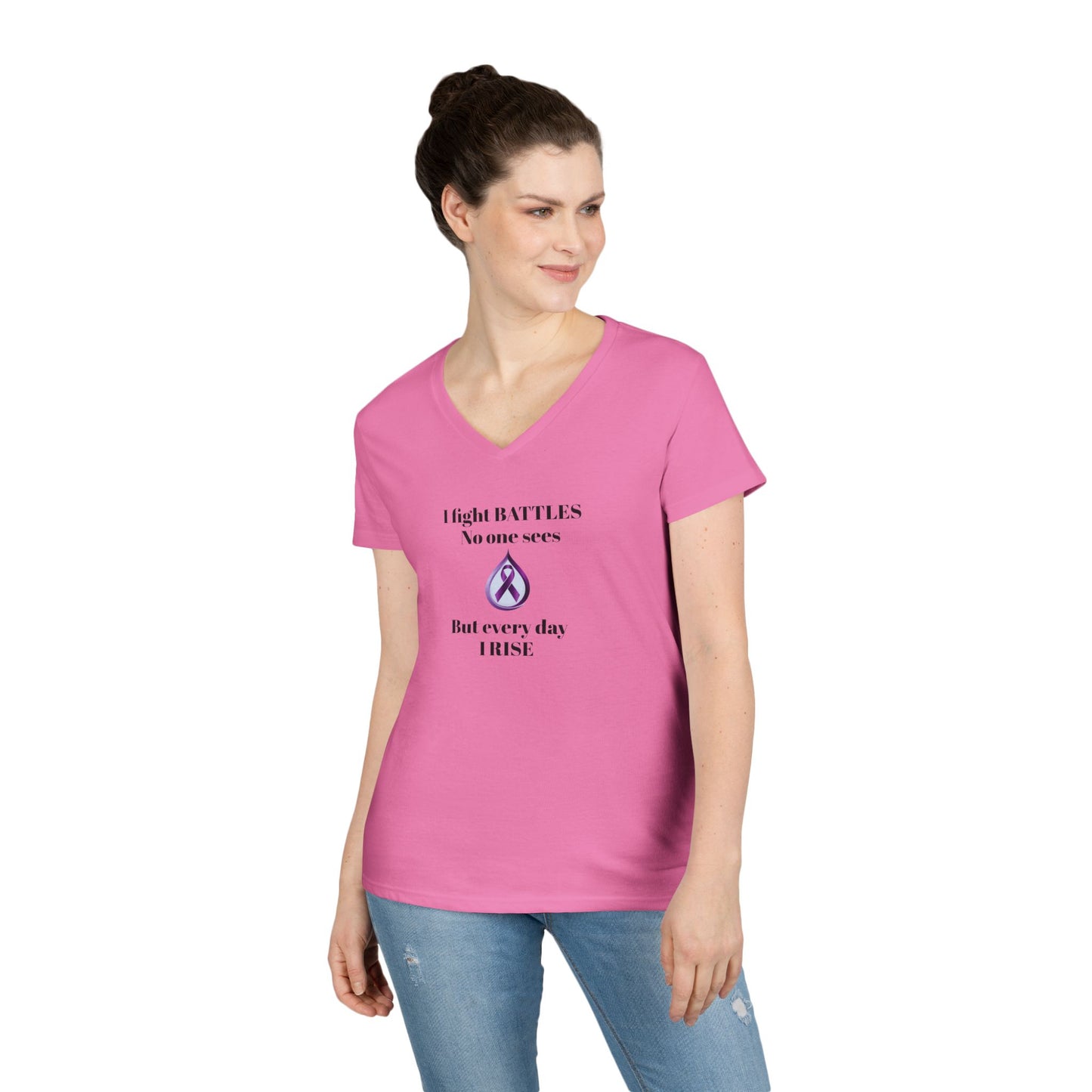 Sjögren's Disease: Empowering Ladies' V-Neck T-Shirt - "I fight BATTLES no one sees, but every day I RISE" Design (Black Font/Blue Tear Graphic)