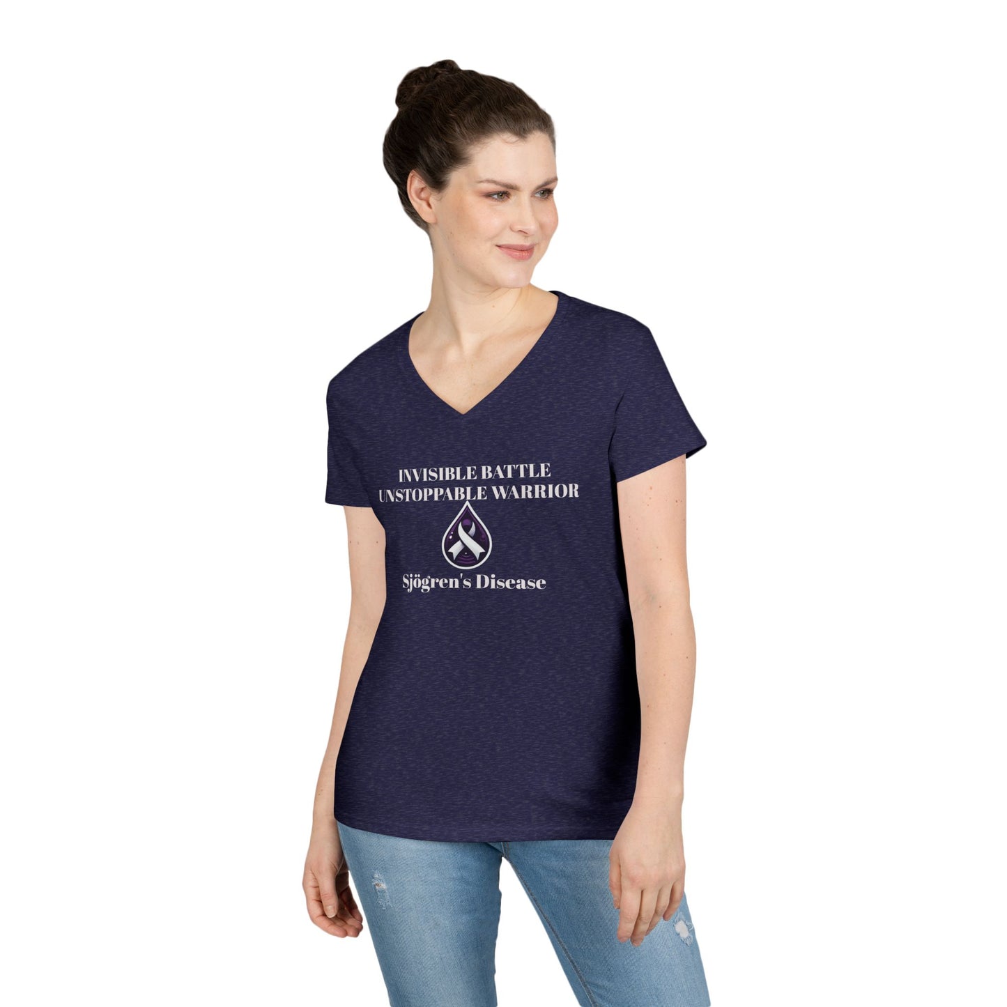 Empowering Ladies' V-Neck T-Shirt - Unstoppable Warrior Design for Sjögren's Awareness (White Font)