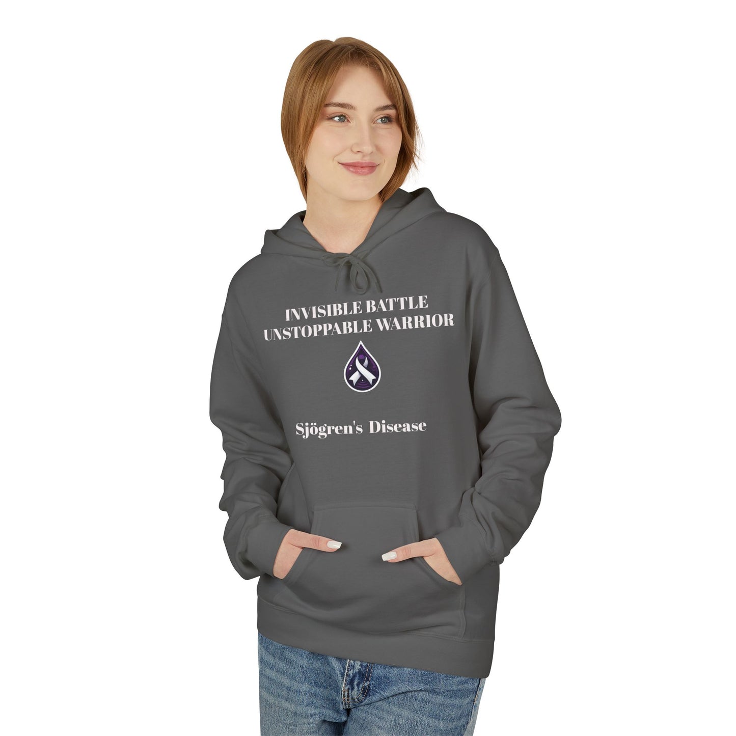 Unisex Fleece Hoodie, Sjögren's Disease - Invisible Battle Unstoppable Warrior (White Font)