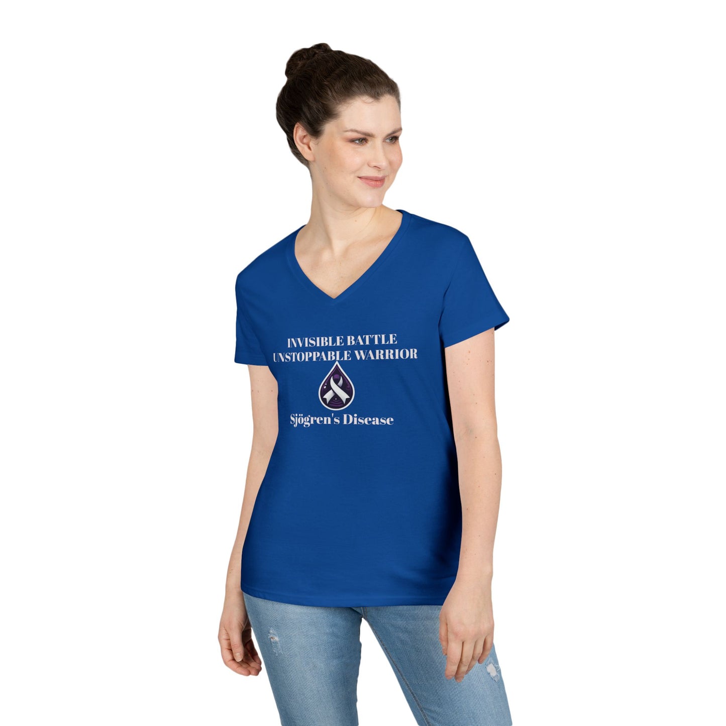 Empowering Ladies' V-Neck T-Shirt - Unstoppable Warrior Design for Sjögren's Awareness (White Font)