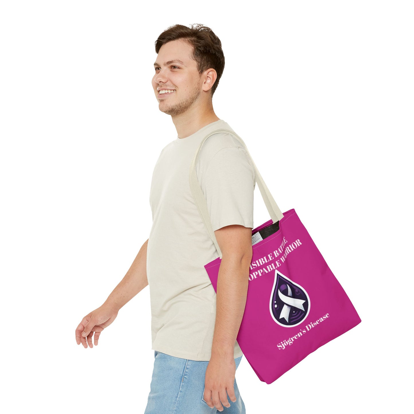 Invisible Battle Unstoppable Warrior Tote Bag - Sjögren's Disease Awareness (Dark Pink)