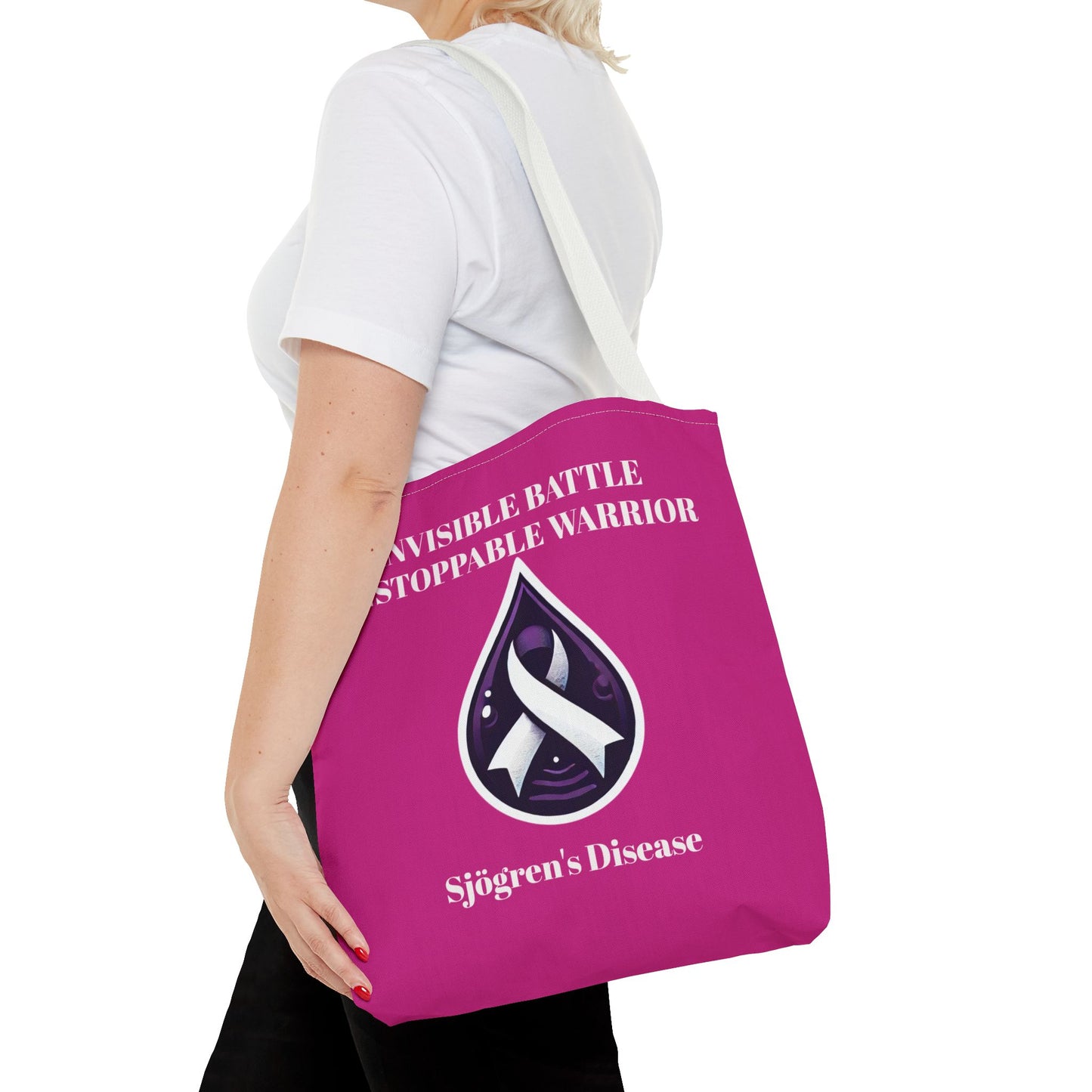 Invisible Battle Unstoppable Warrior Tote Bag - Sjögren's Disease Awareness (Dark Pink)