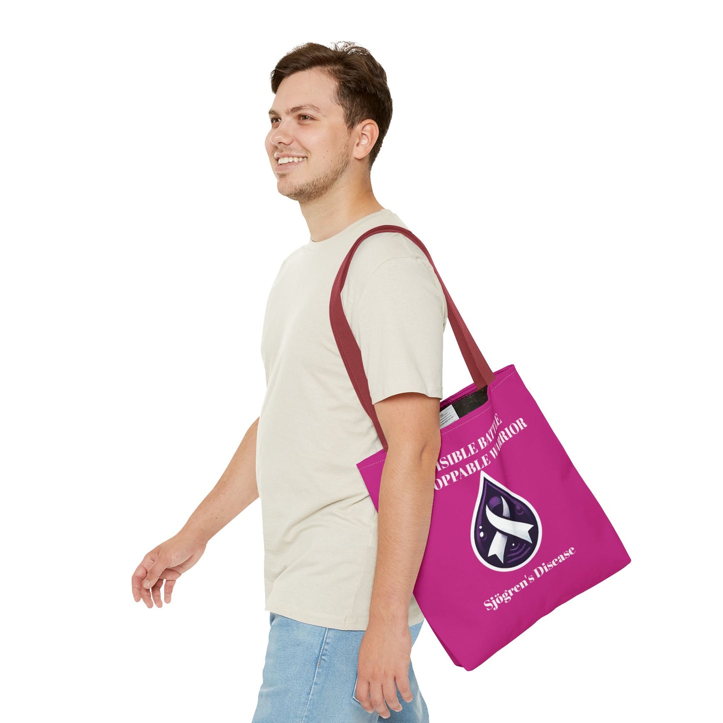 Invisible Battle Unstoppable Warrior Tote Bag - Sjögren's Disease Awareness (Dark Pink)