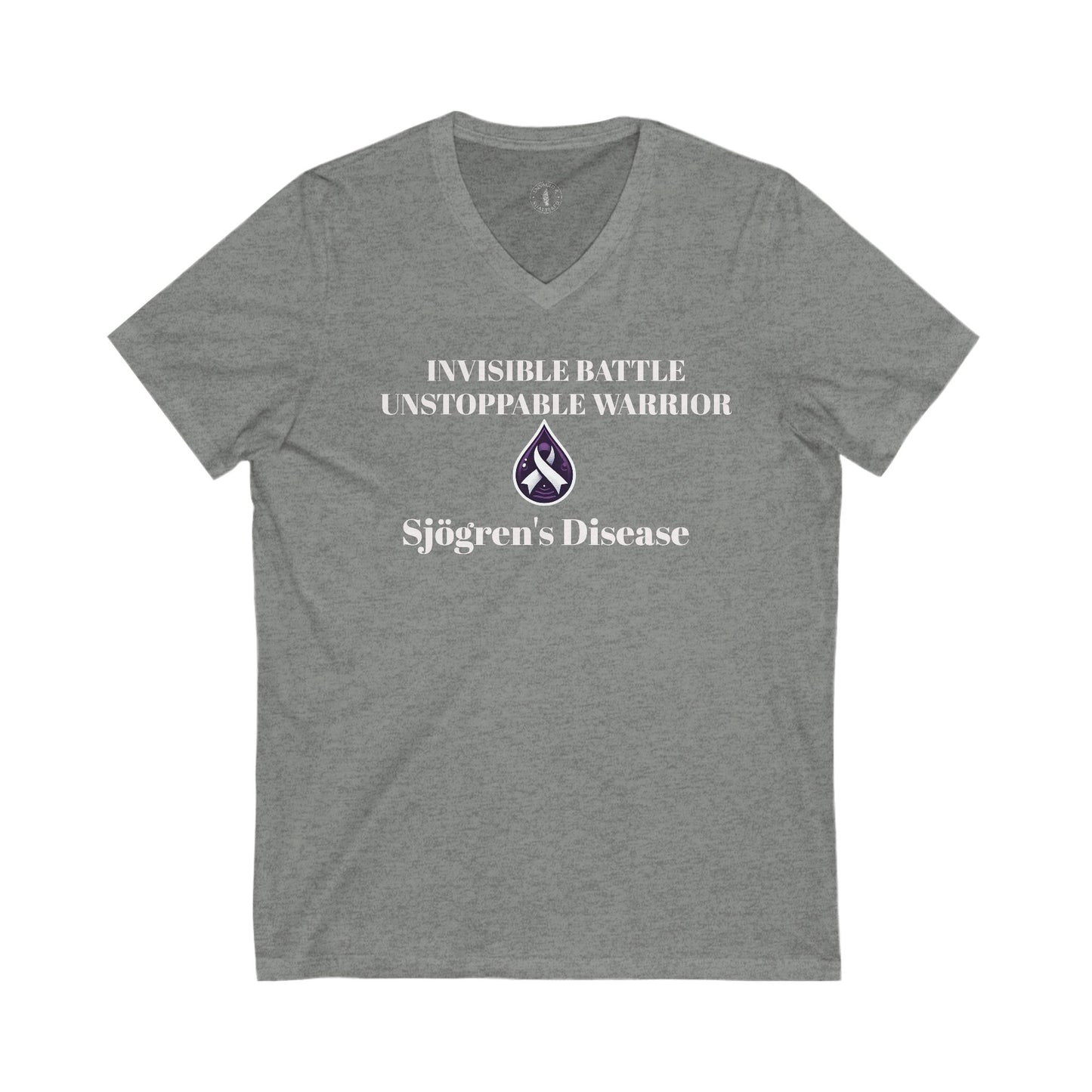 Unisex V-Neck Tee - Invisible Battle Unstoppable Warrior for Sjögren's Disease Awareness (Black Font)