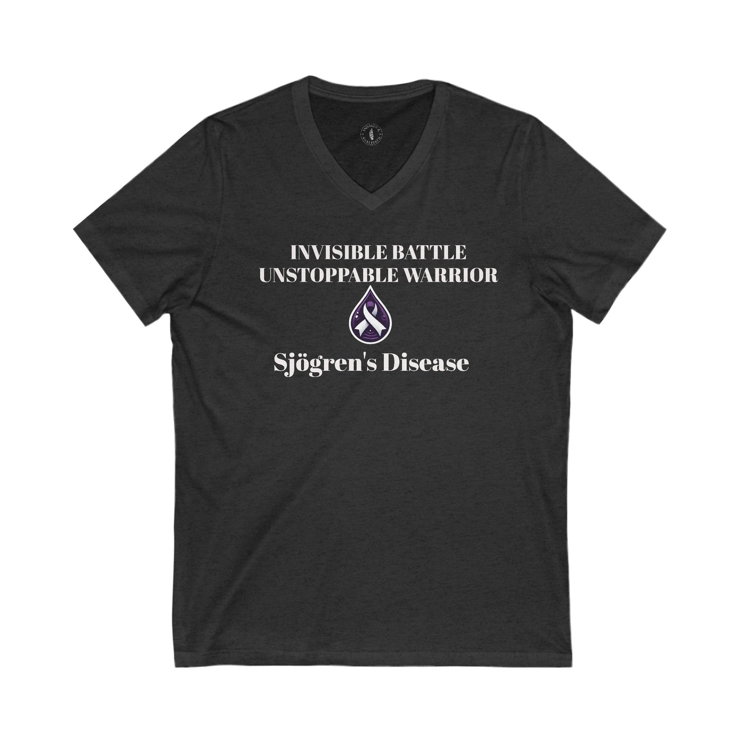 Unisex V-Neck Tee - Invisible Battle Unstoppable Warrior for Sjögren's Disease Awareness (Black Font)