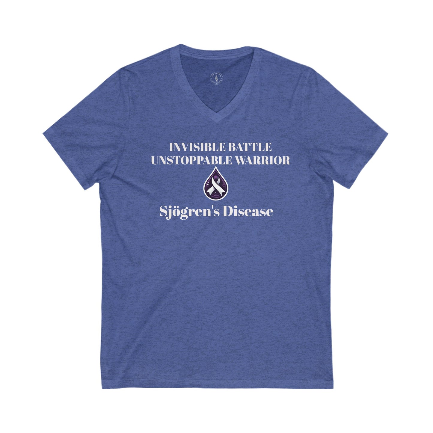 Unisex V-Neck Tee - Invisible Battle Unstoppable Warrior for Sjögren's Disease Awareness (Black Font)