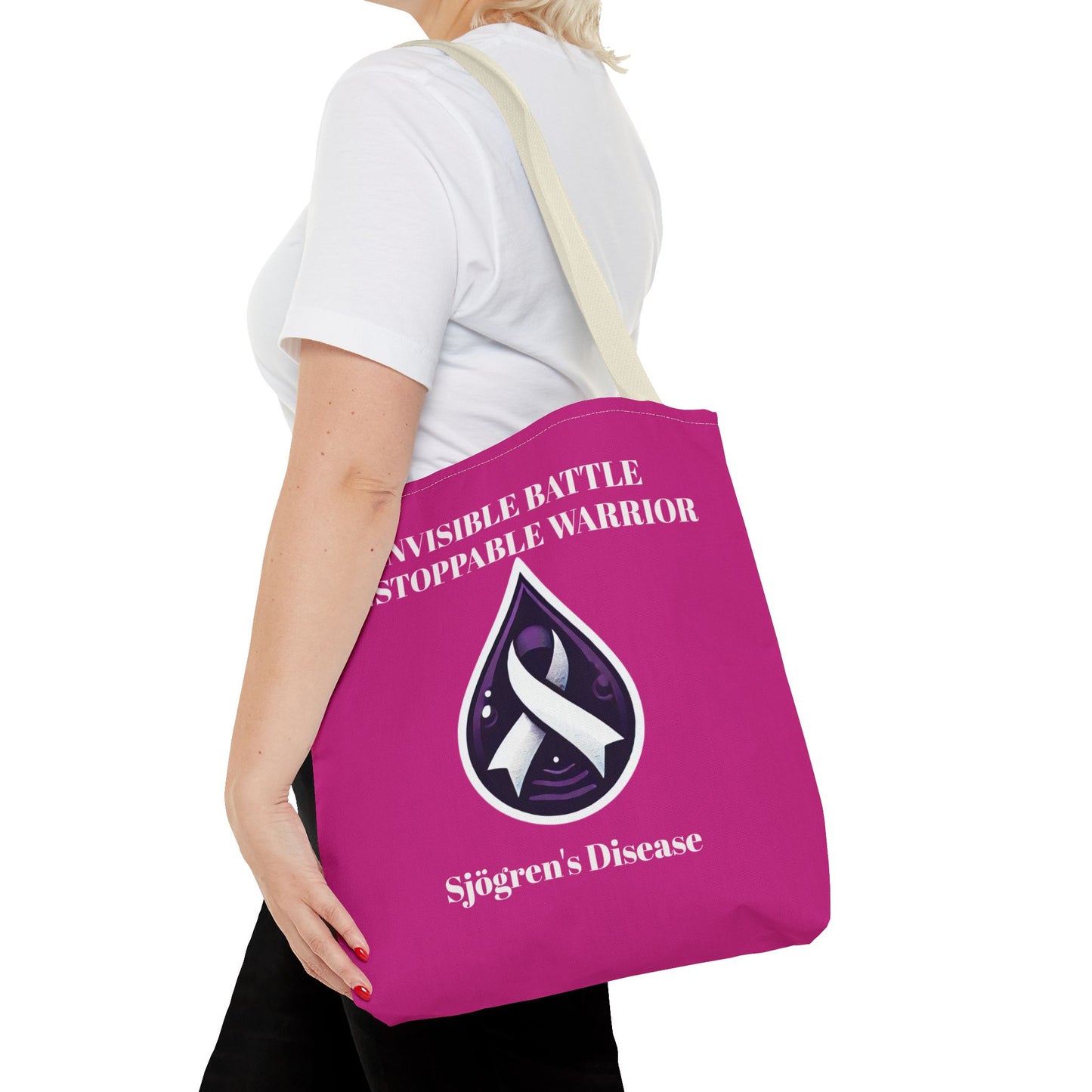 Invisible Battle Unstoppable Warrior Tote Bag - Sjögren's Disease Awareness (Dark Pink)