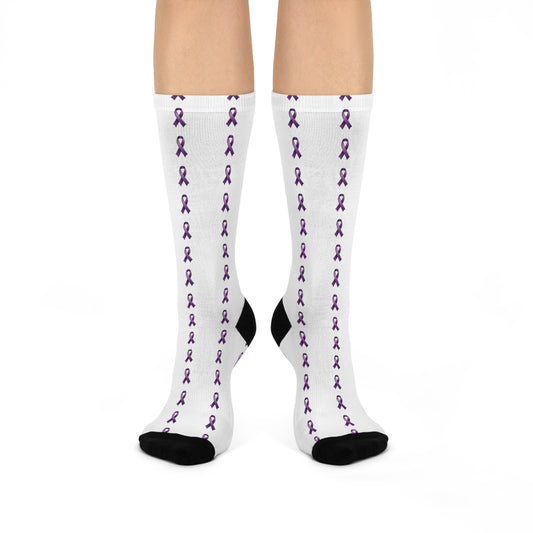 Cushioned Crew Socks with Purple Support/Awareness Ribbons - Soft, Comfortable Support for Health Awareness Events (Autoimmune, Sjögren's Disease, Systemic Lupus Erythematosus (SLE), Inflammatory Bowel Disease, etc.)