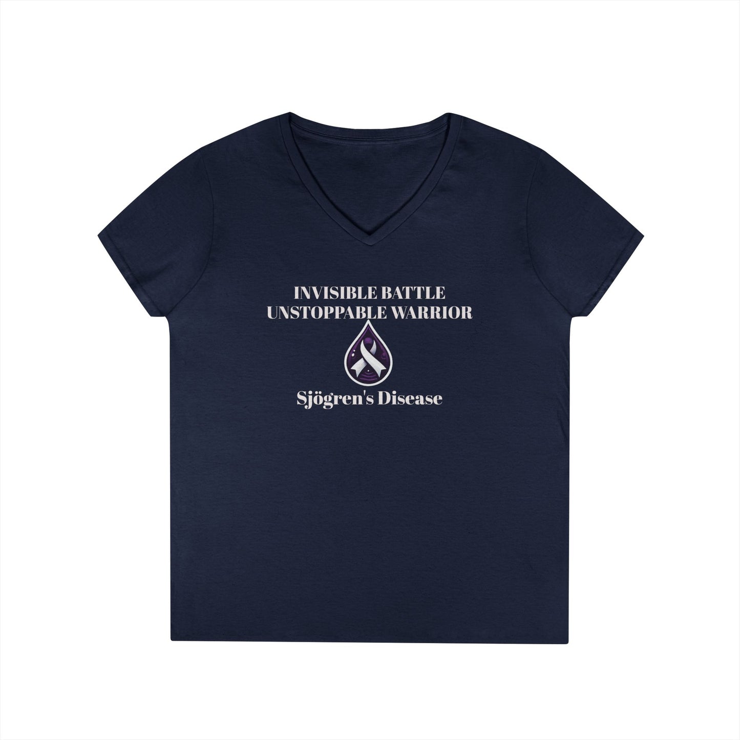 Empowering Ladies' V-Neck T-Shirt - Unstoppable Warrior Design for Sjögren's Awareness (White Font)