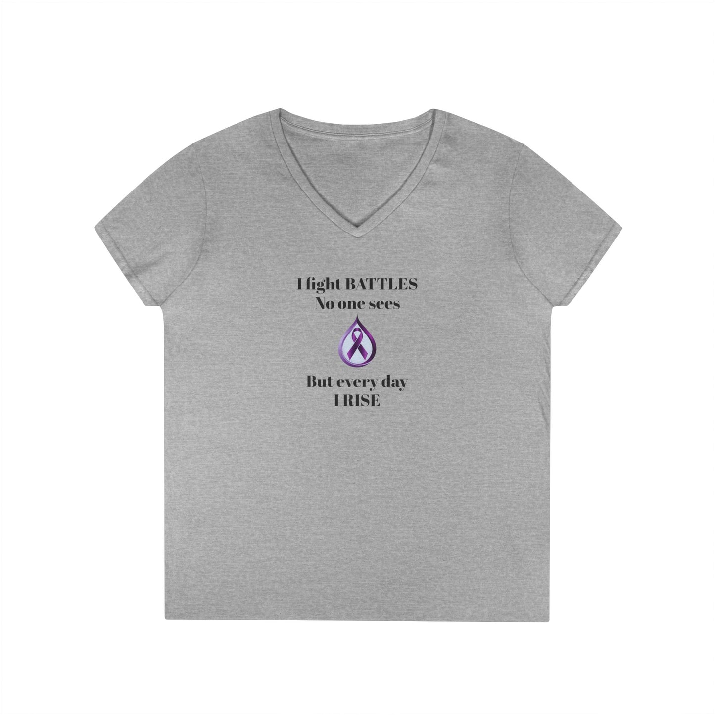 Sjögren's Disease: Empowering Ladies' V-Neck T-Shirt - "I fight BATTLES no one sees, but every day I RISE" Design (Black Font/Blue Tear Graphic)
