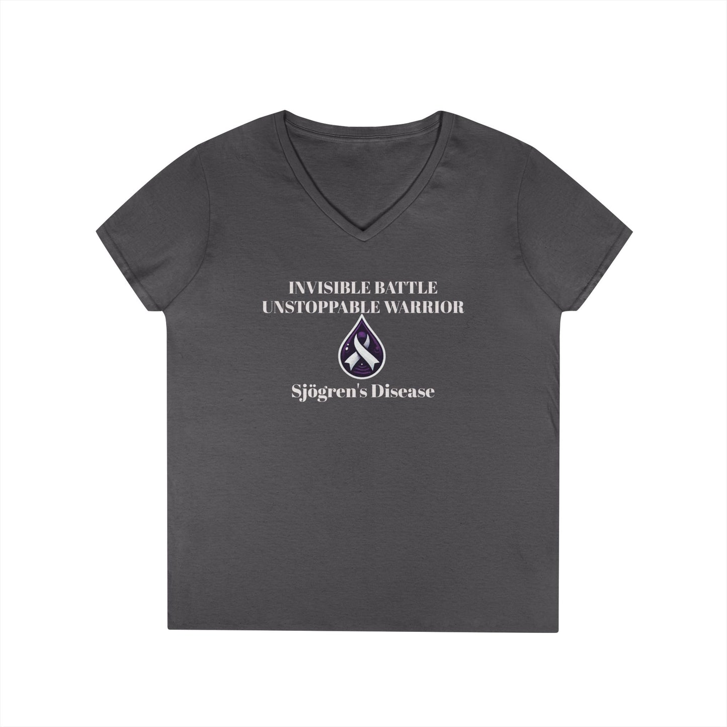 Empowering Ladies' V-Neck T-Shirt - Unstoppable Warrior Design for Sjögren's Awareness (White Font)