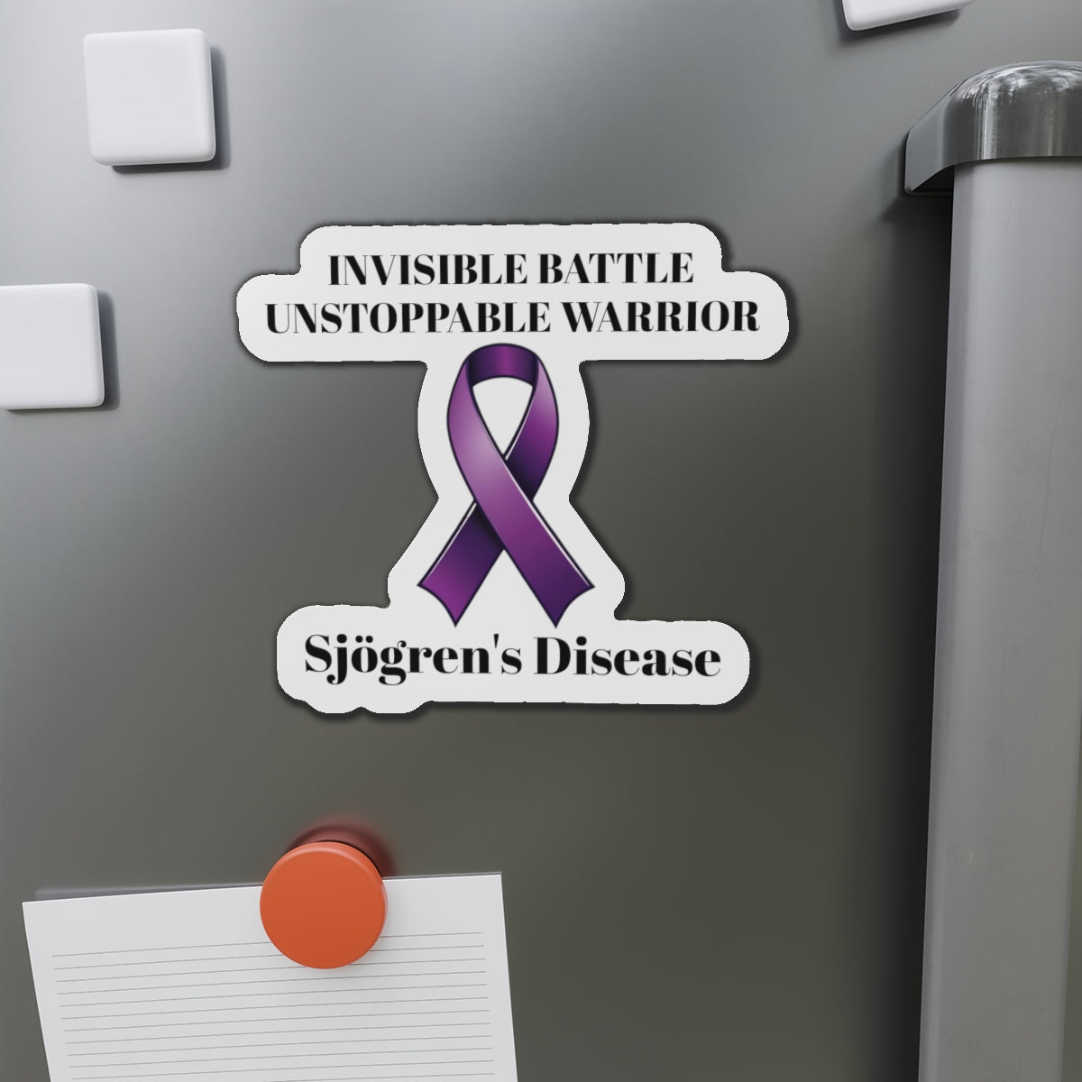 Sjögren's Disease: Invisible Battle Unstoppable Warrior Die-Cut Magnet - Sjögren's Disease Awareness Purple Support Ribbon