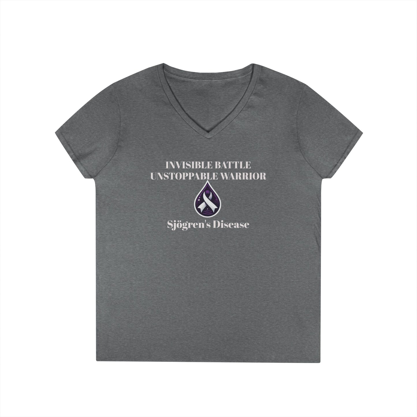 Empowering Ladies' V-Neck T-Shirt - Unstoppable Warrior Design for Sjögren's Awareness (White Font)