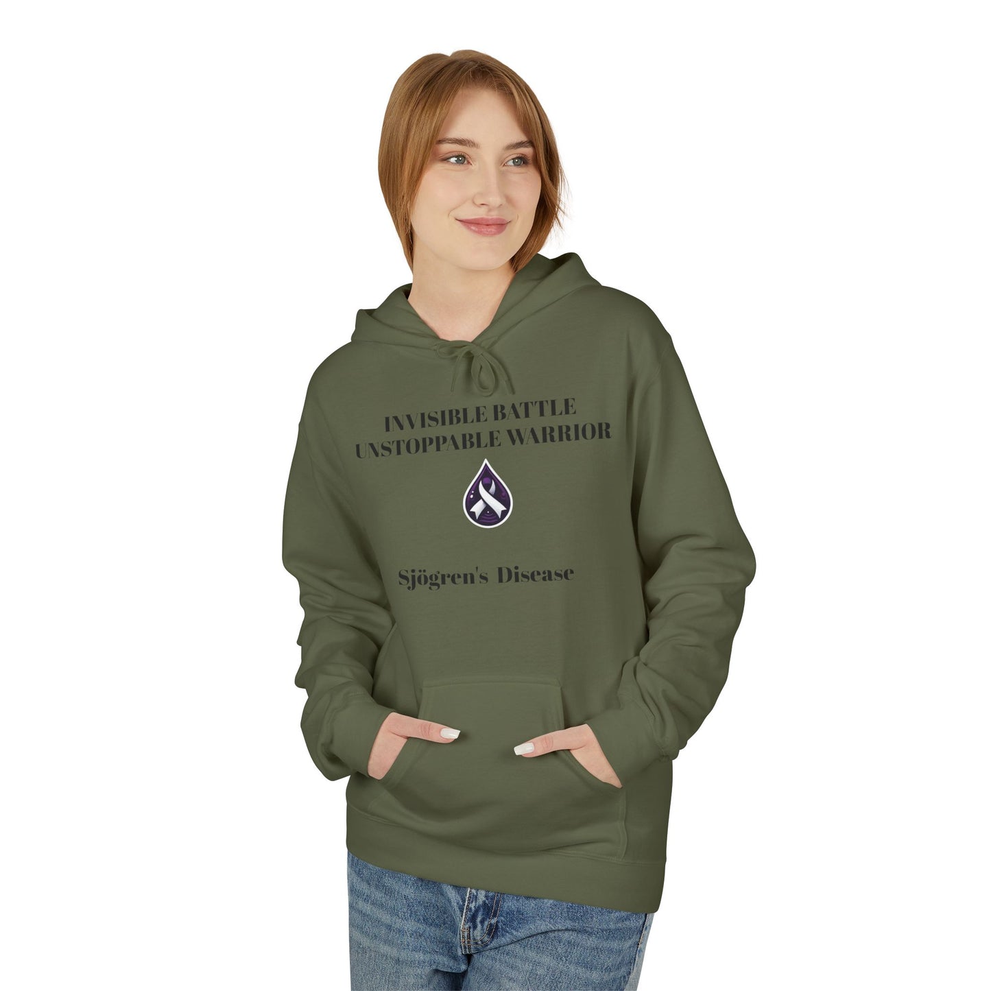 Unisex Fleece Hoodie, Sjögren's Disease - Invisible Battle Unstoppable Warrior (Black Font)