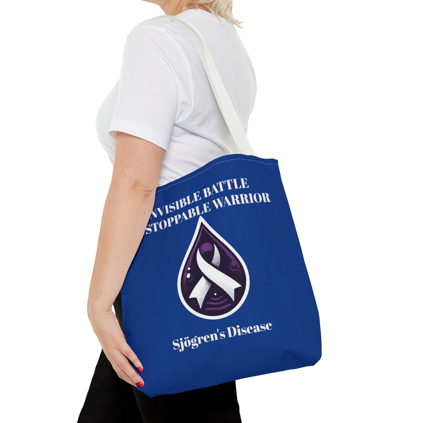 Invisible Battle Unstoppable Warrior Tote Bag - Sjögren's Disease Awareness (Dark Blue)