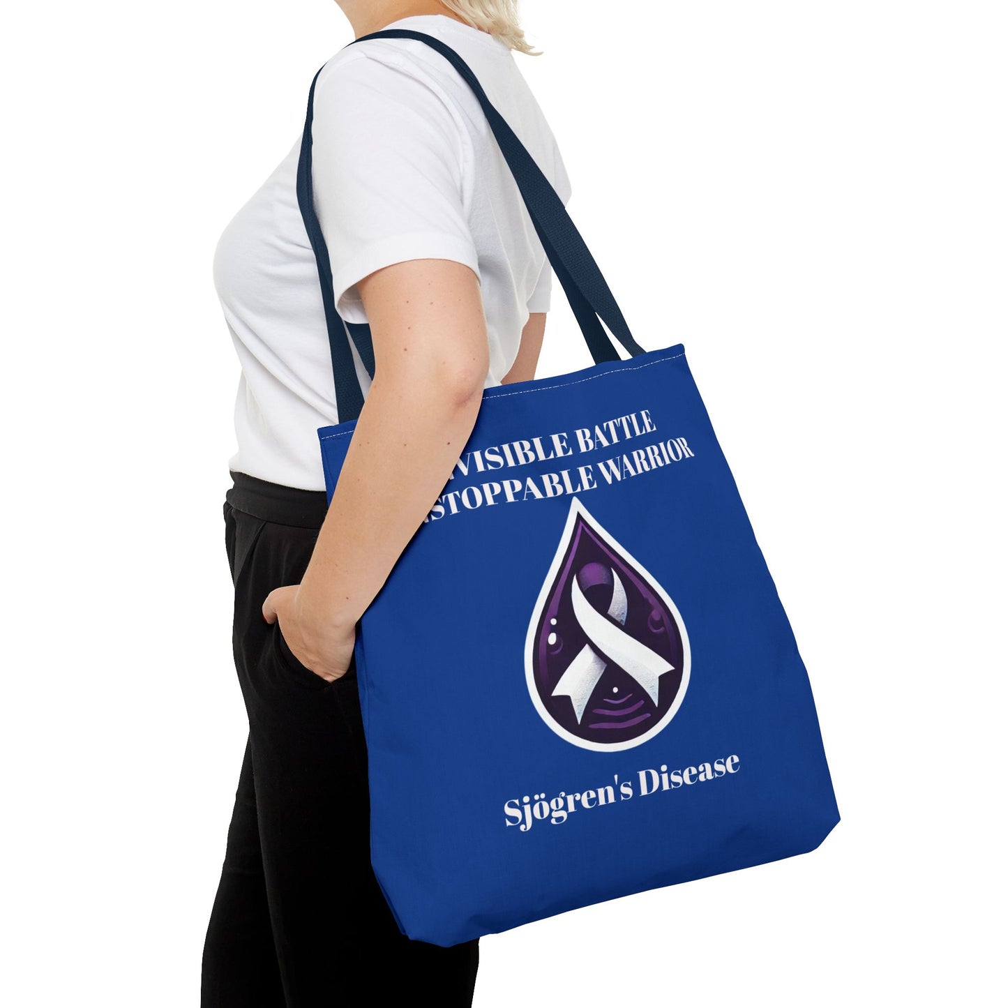 Invisible Battle Unstoppable Warrior Tote Bag - Sjögren's Disease Awareness (Dark Blue)
