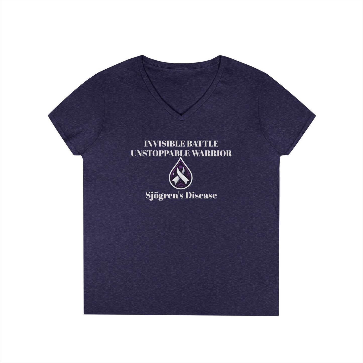 Empowering Ladies' V-Neck T-Shirt - Unstoppable Warrior Design for Sjögren's Awareness (White Font)