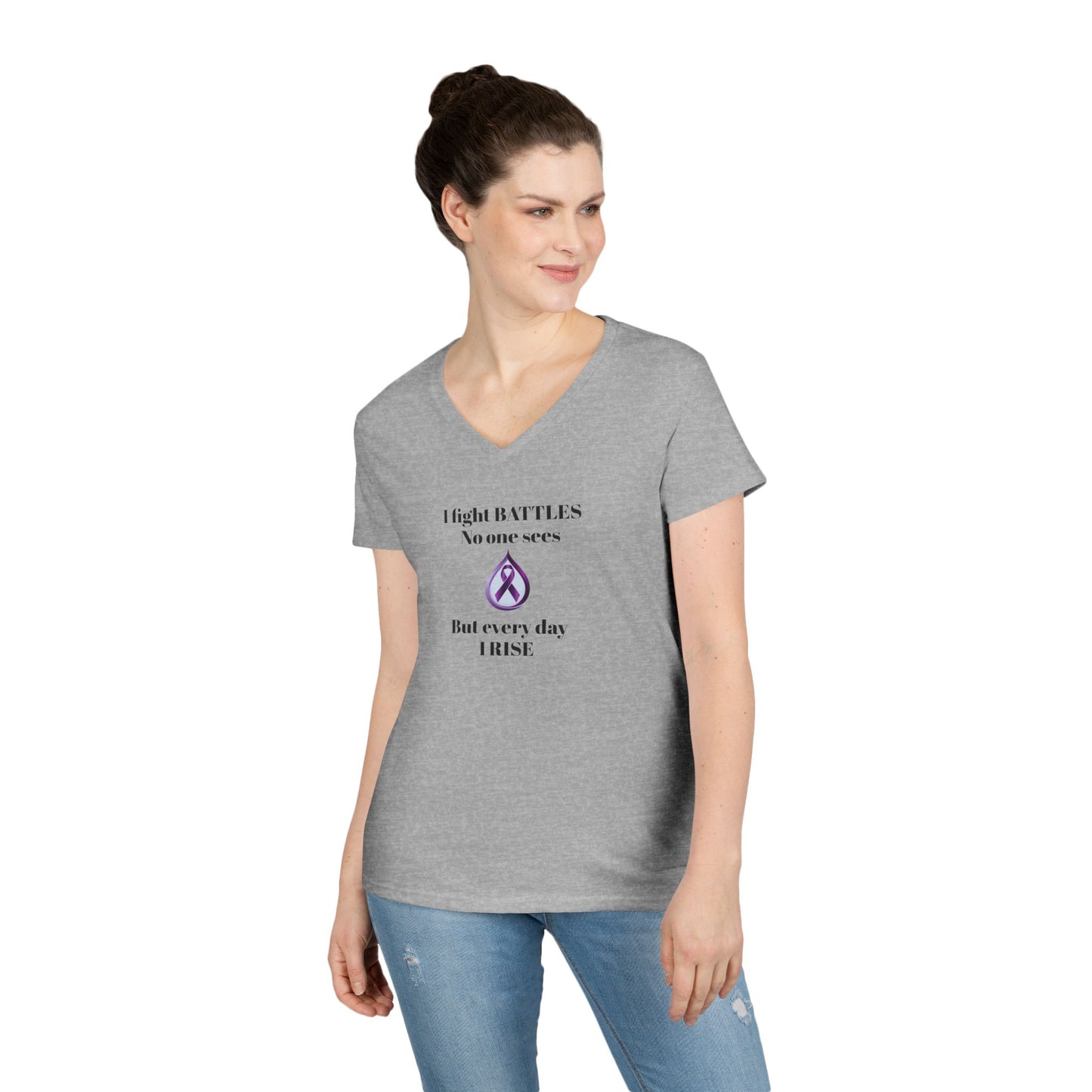 Sjögren's Disease: Empowering Ladies' V-Neck T-Shirt - "I fight BATTLES no one sees, but every day I RISE" Design (Black Font/Blue Tear Graphic)