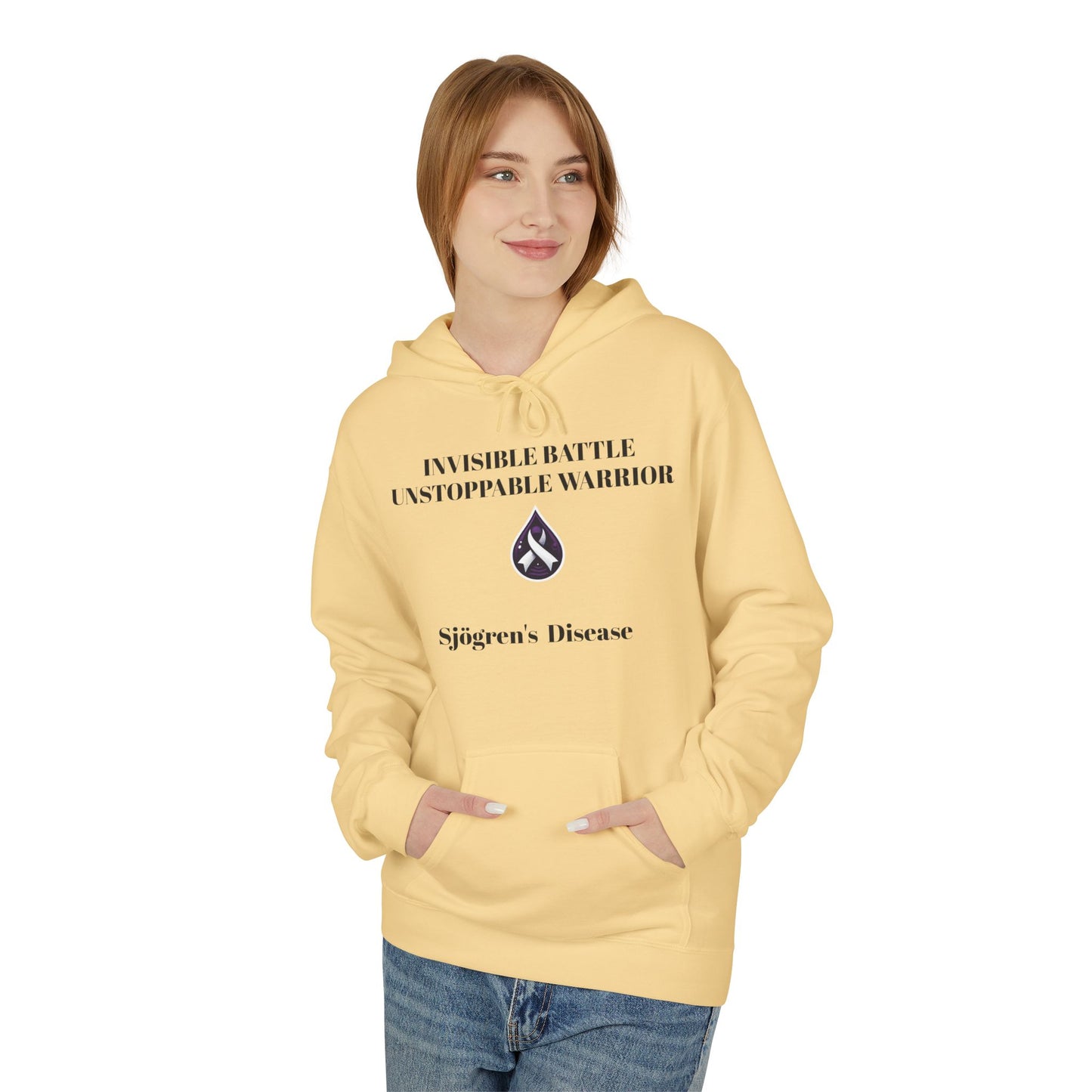Unisex Fleece Hoodie, Sjögren's Disease - Invisible Battle Unstoppable Warrior (Black Font)