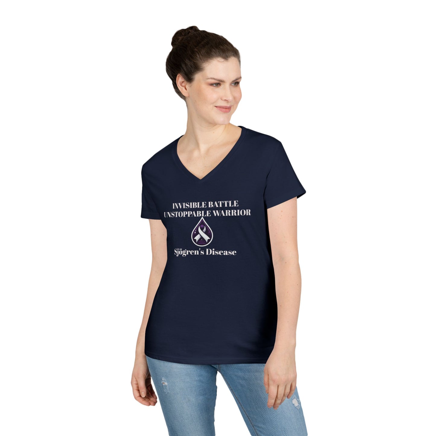 Empowering Ladies' V-Neck T-Shirt - Unstoppable Warrior Design for Sjögren's Awareness (White Font)
