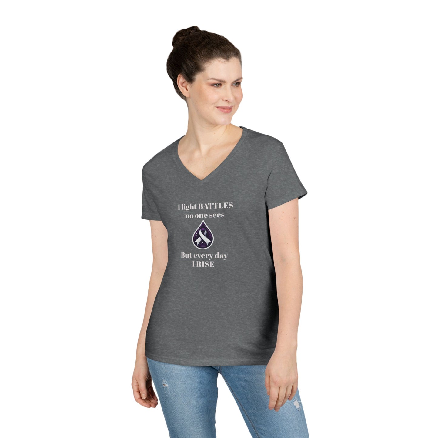 Sjögren's Disease: Empowering Ladies' V-Neck T-Shirt - "I fight BATTLES no one sees, but every day I RISE" Design (White Font)