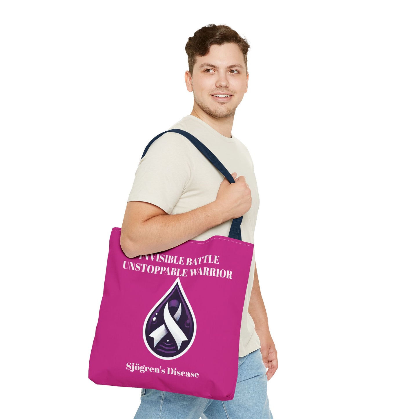 Invisible Battle Unstoppable Warrior Tote Bag - Sjögren's Disease Awareness (Dark Pink)
