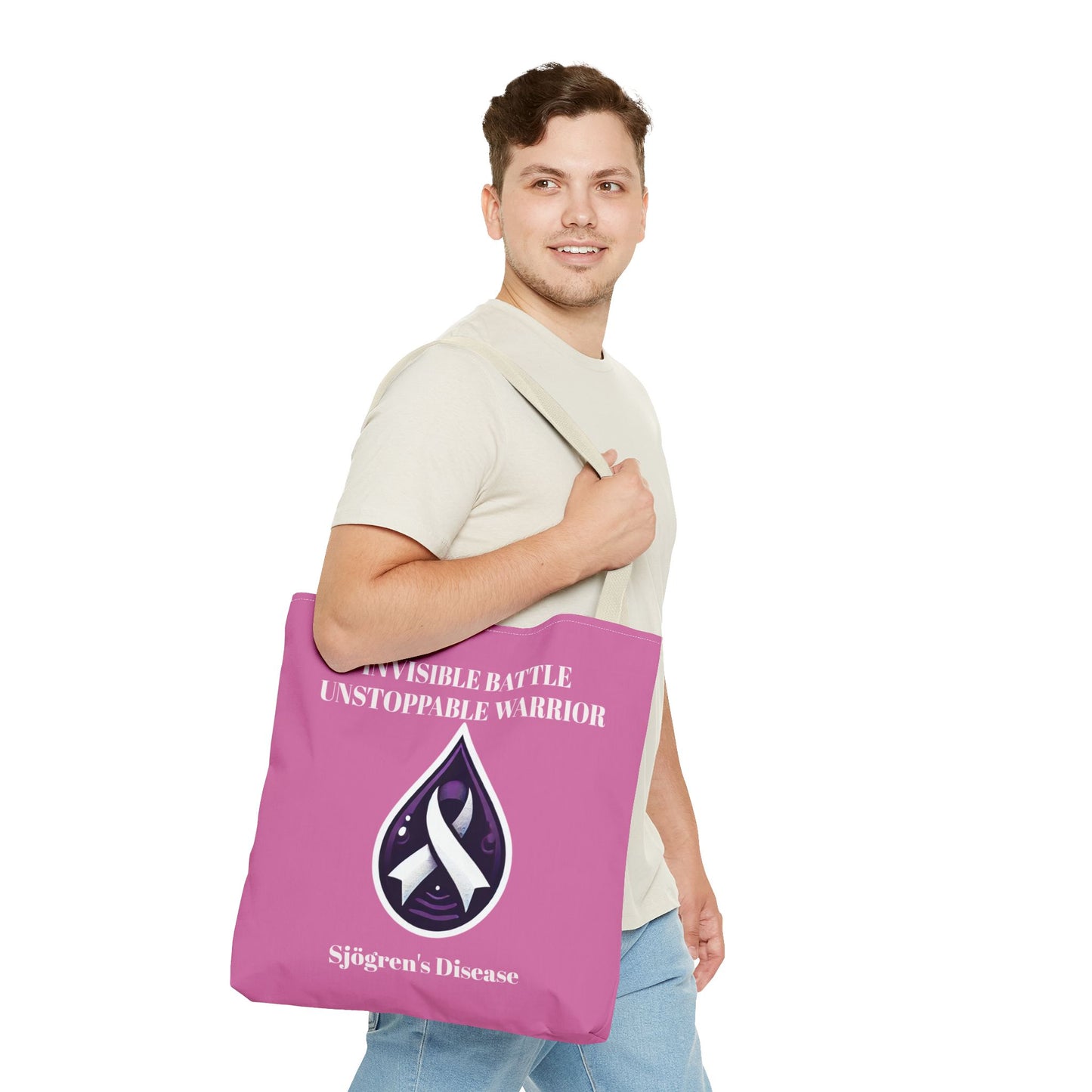 Invisible Battle Unstoppable Warrior Tote Bag - Sjögren's Disease Awareness (Light Pink)