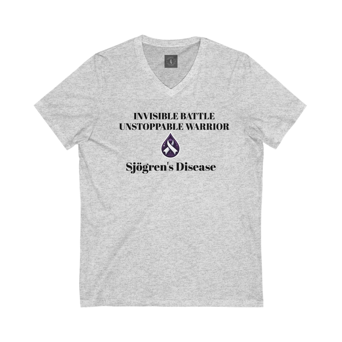Unisex V-Neck Tee - Invisible Battle Unstoppable Warrior for Sjögren's Disease Awareness (Black Font)