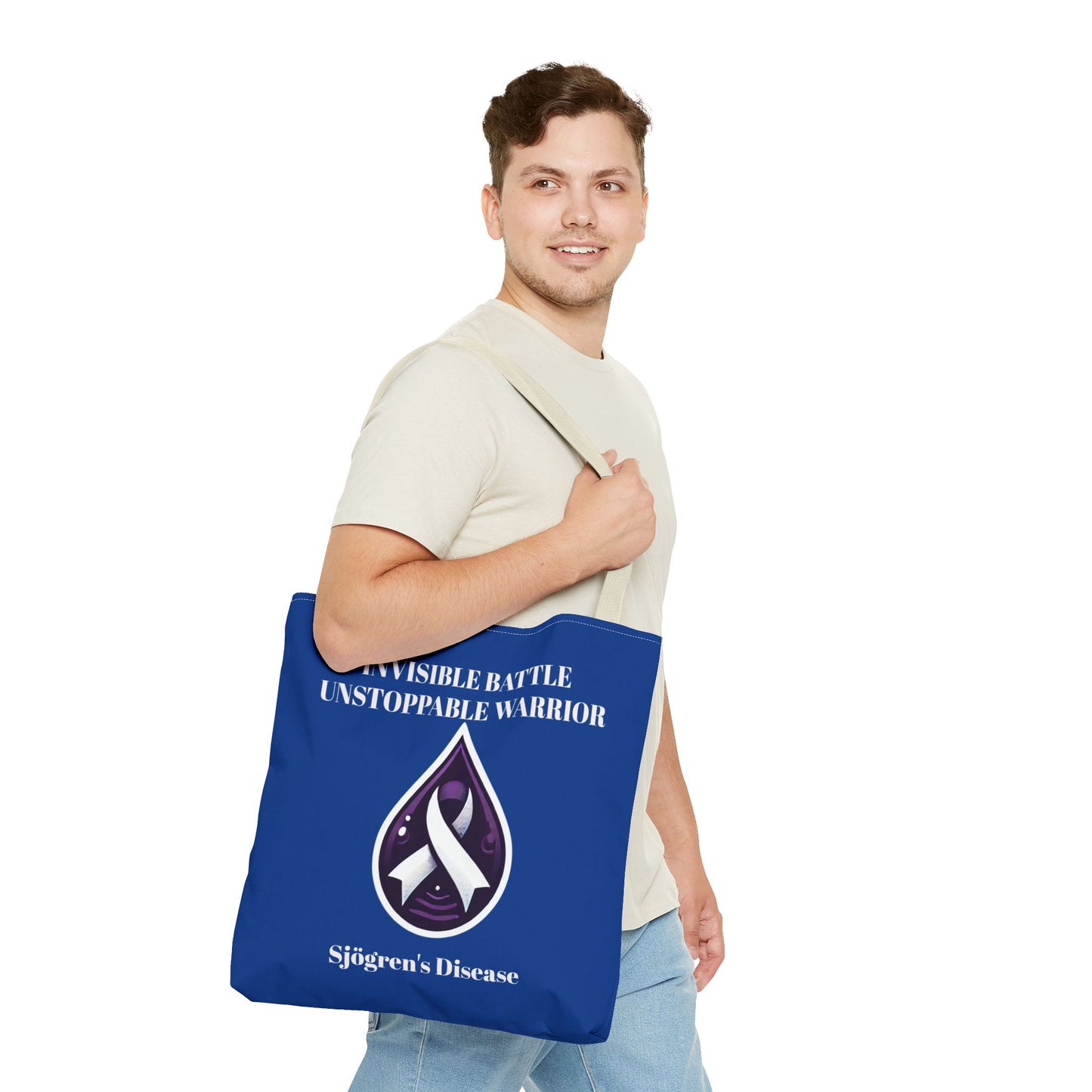 Invisible Battle Unstoppable Warrior Tote Bag - Sjögren's Disease Awareness (Dark Blue)