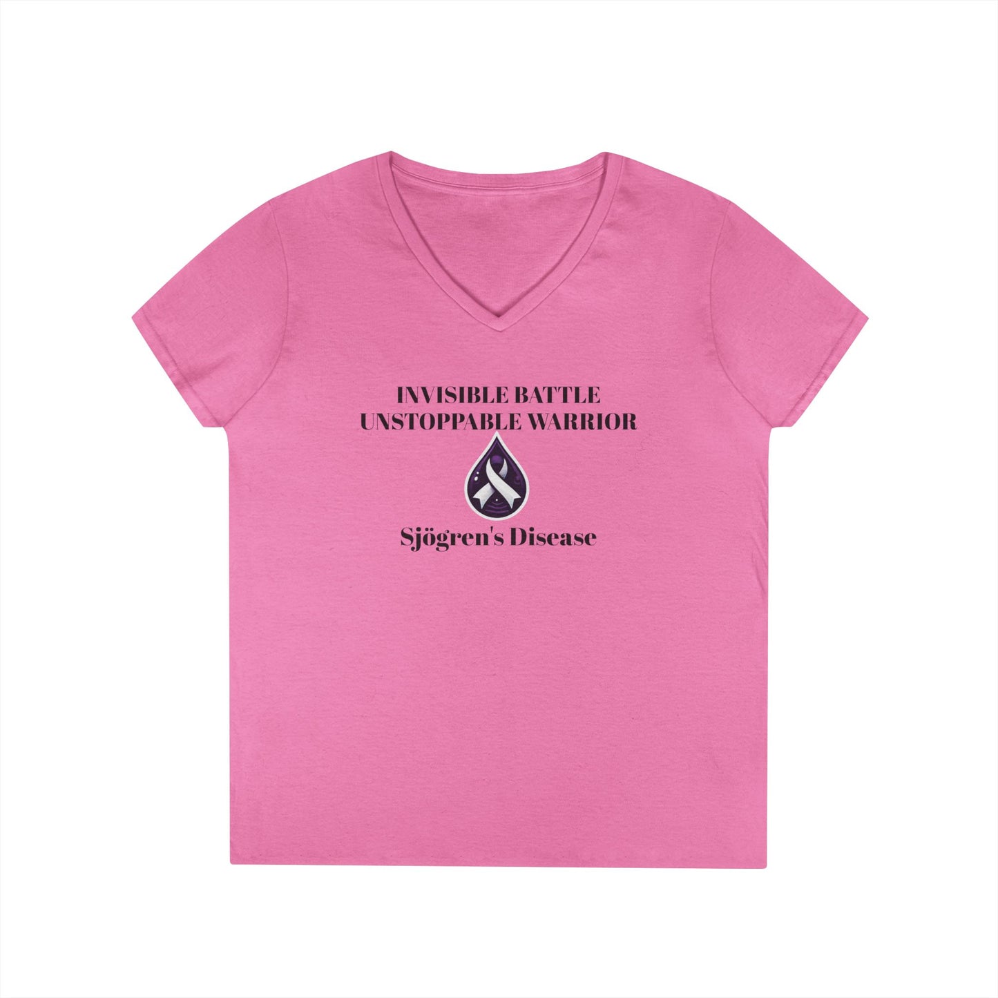 Empowering Ladies' V-Neck T-Shirt - Unstoppable Warrior Design for Sjögren's Awareness (Black Font)